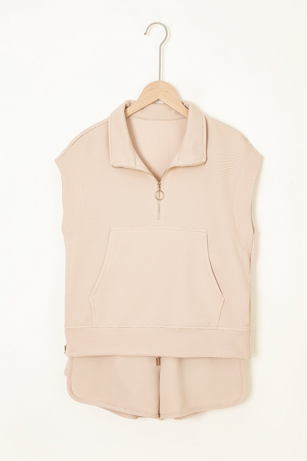 Parchment Textured Half Zip Kangaroo Pocket Top Drawstring Shorts Set - Chaelisa's New Jammies