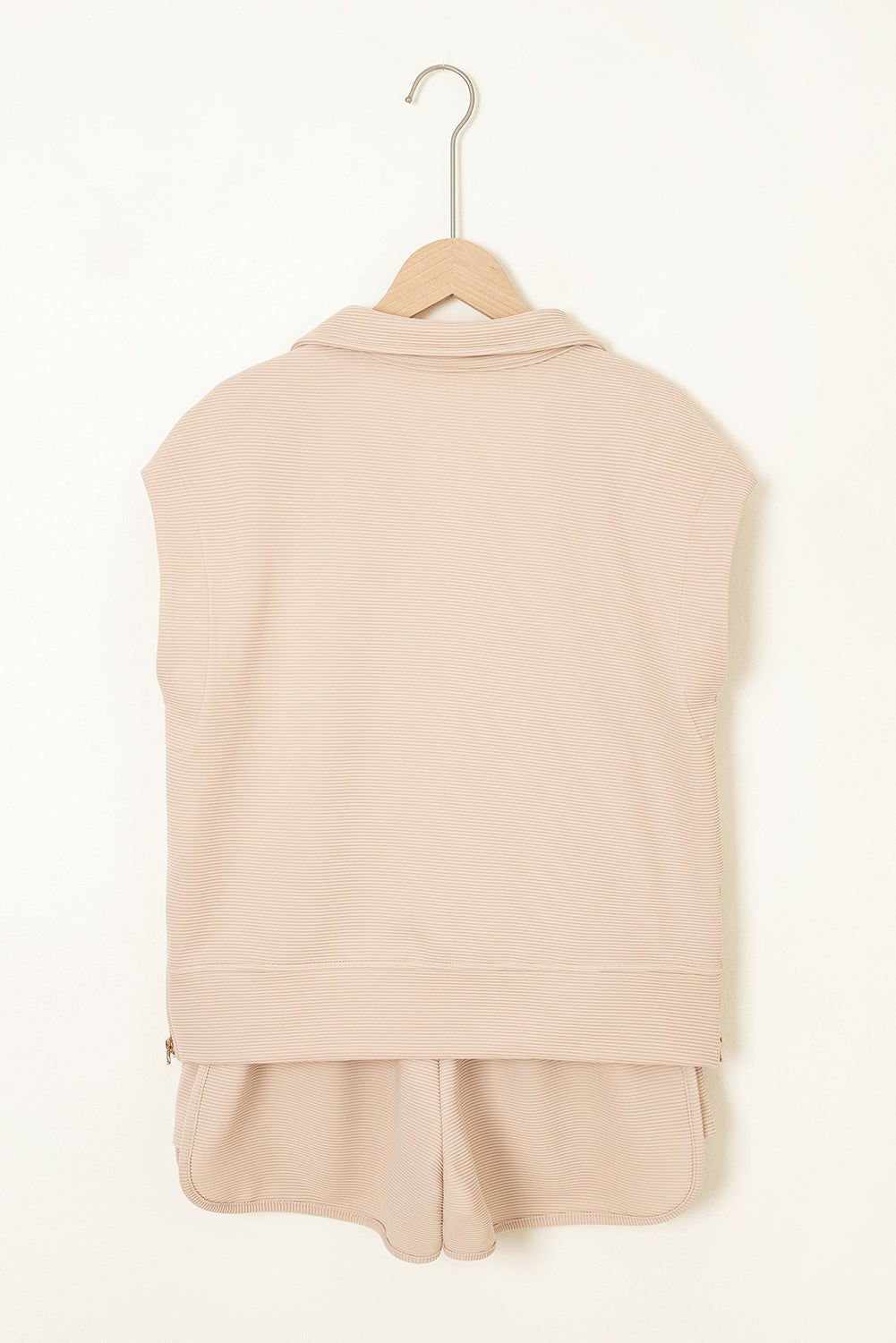 Parchment Textured Half Zip Kangaroo Pocket Top Drawstring Shorts Set - Chaelisa's New Jammies