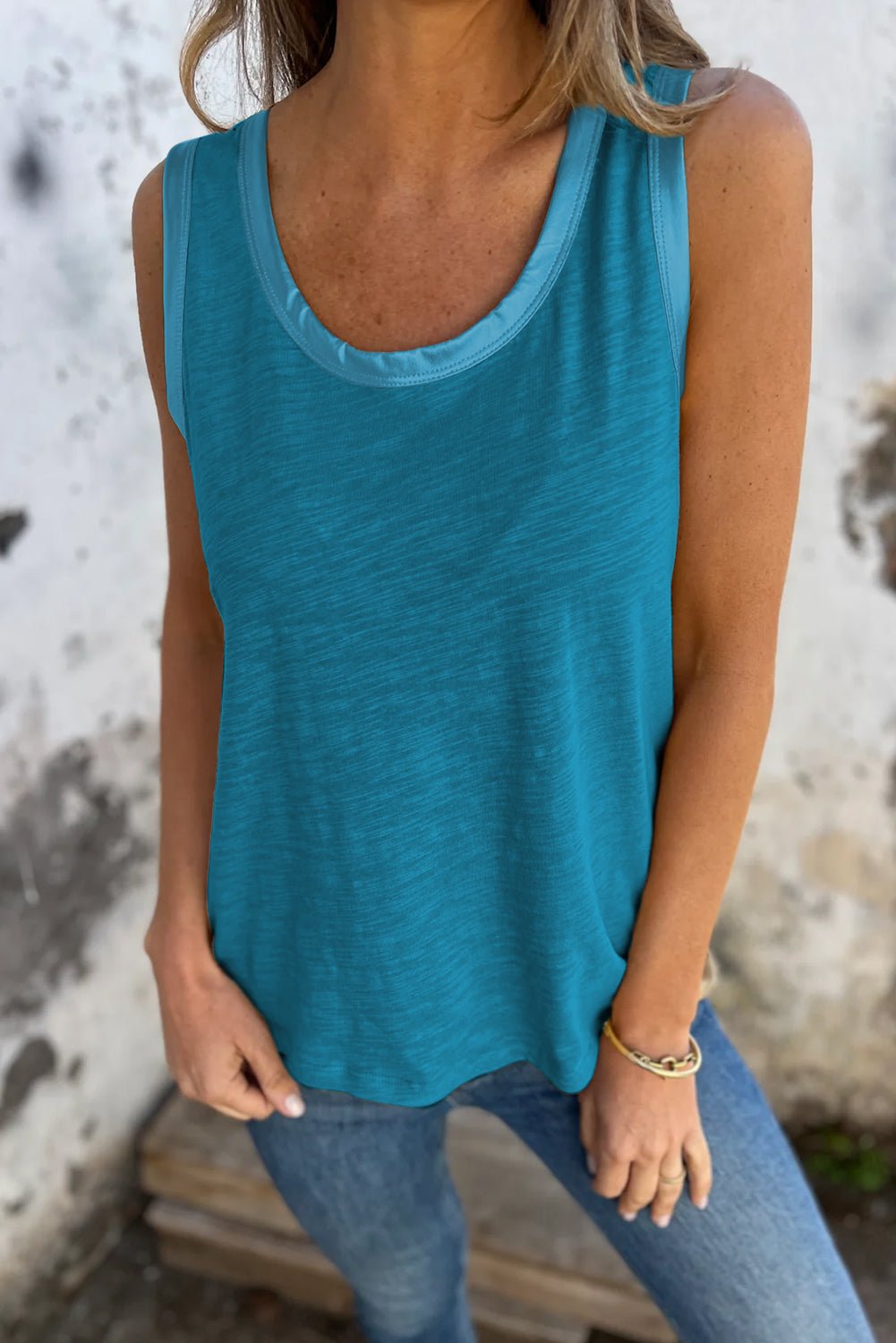 Peacock Blue Metallic Sheen Edge Scoop Neck Tank Top - Chaelisa's New Jammies