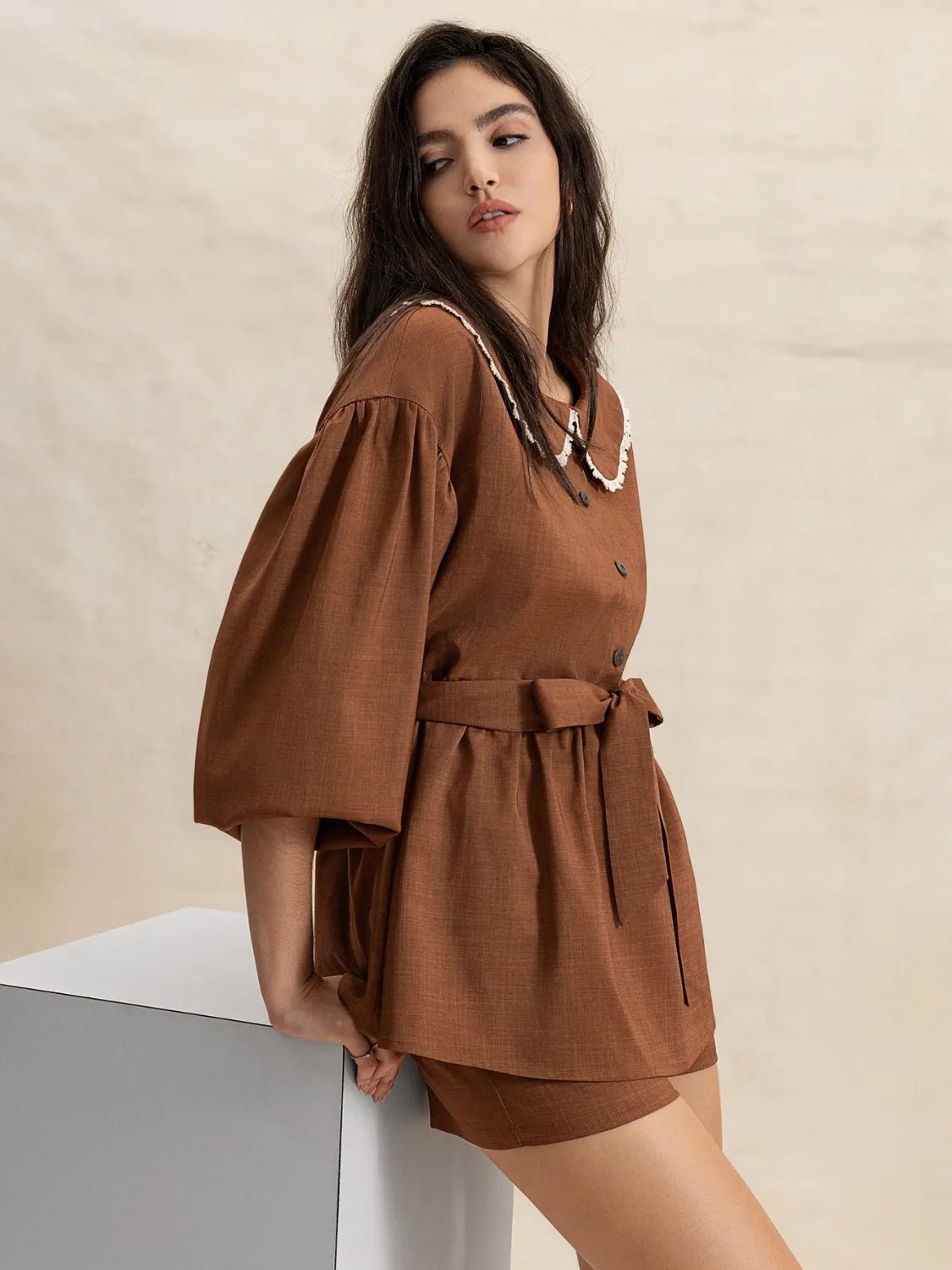 Peter Pan Collar Balloon Sleeve Top and Shorts Set - Chaelisa's New Jammies