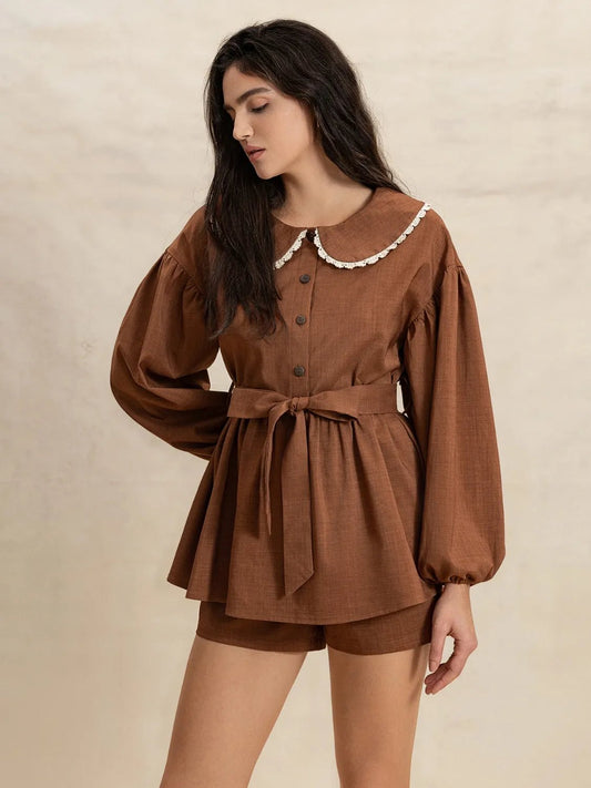 Peter Pan Collar Balloon Sleeve Top and Shorts Set - Chaelisa's New Jammies