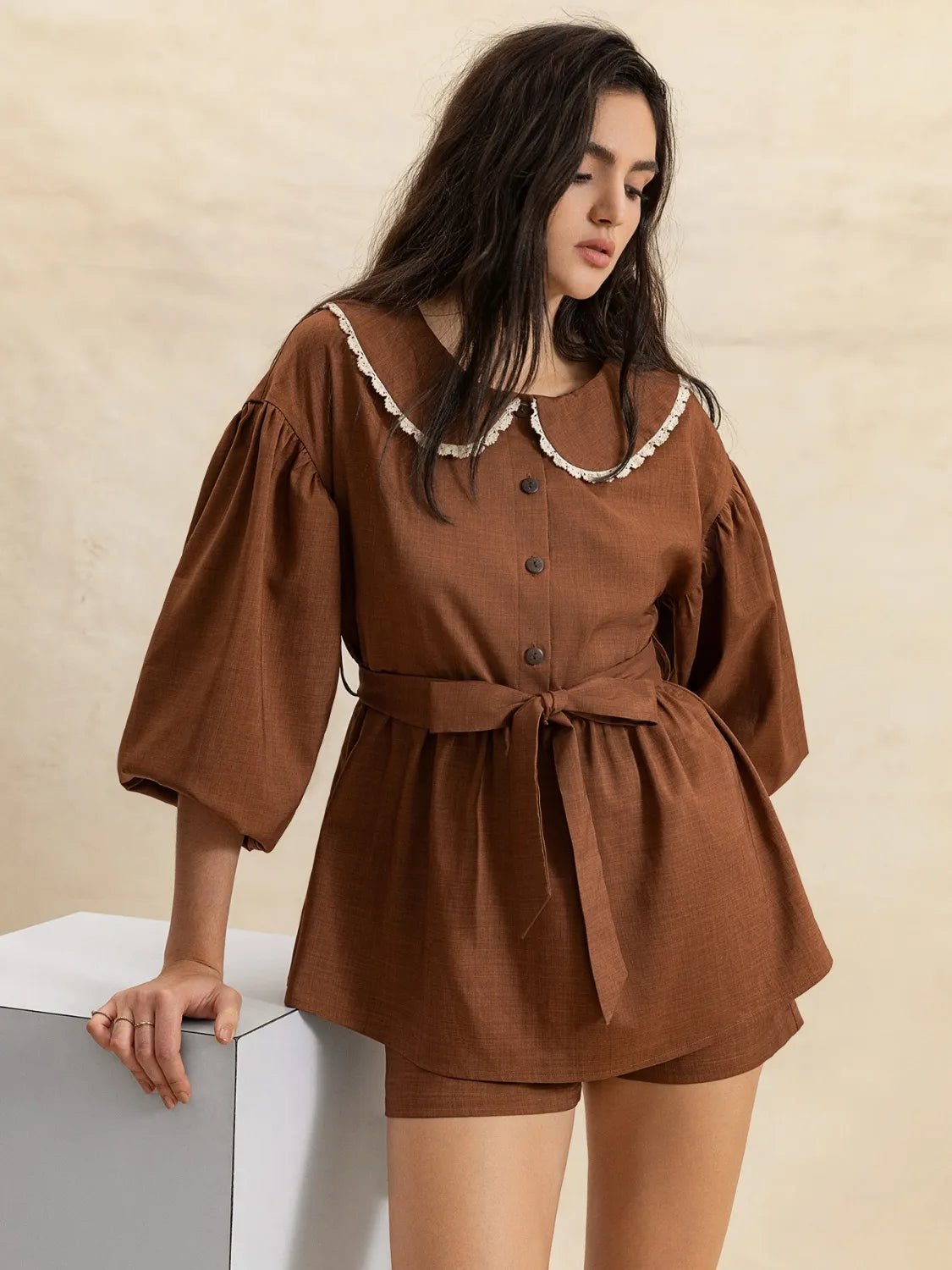 Peter Pan Collar Balloon Sleeve Top and Shorts Set - Chaelisa's New Jammies