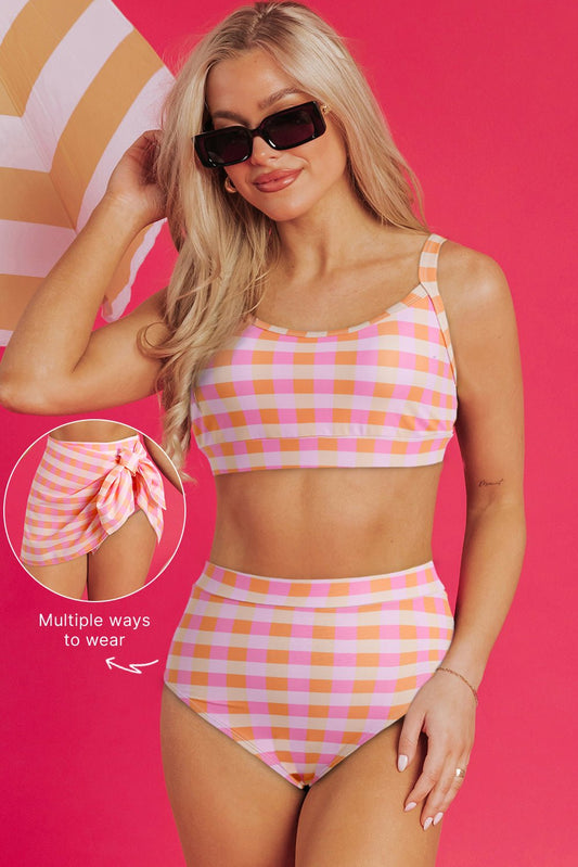 Pink 3pcs Gingham High Waist Bikini & Sarong - Chaelisa's New Jammies