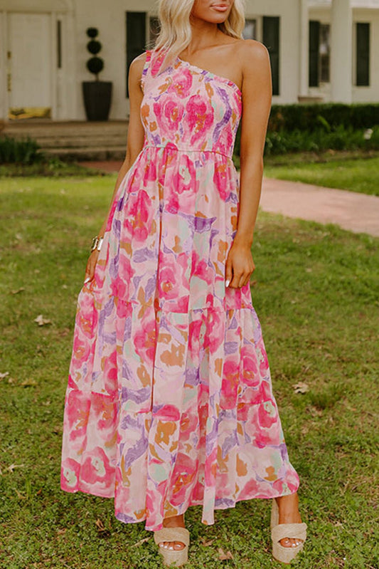 Pink Abstract Floral Print Shirred One Shoulder Maxi Dress - Chaelisa's New Jammies