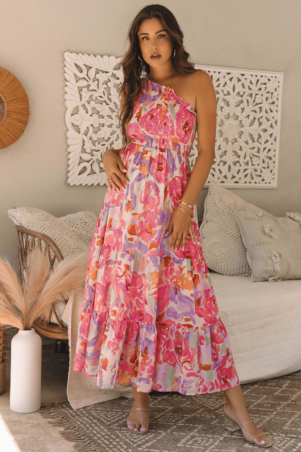 Pink Abstract Floral Print Shirred One Shoulder Maxi Dress - Chaelisa's New Jammies