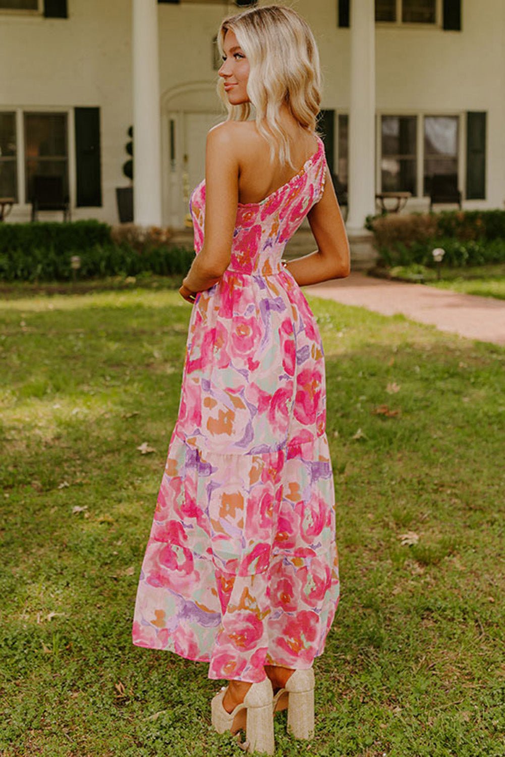 Pink Abstract Floral Print Shirred One Shoulder Maxi Dress - Chaelisa's New Jammies