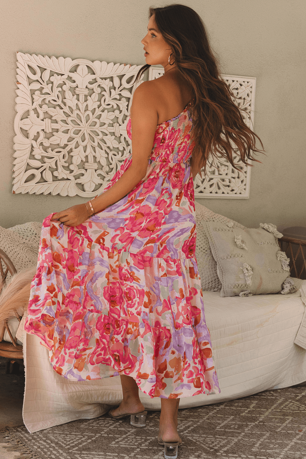 Pink Abstract Floral Print Shirred One Shoulder Maxi Dress - Chaelisa's New Jammies