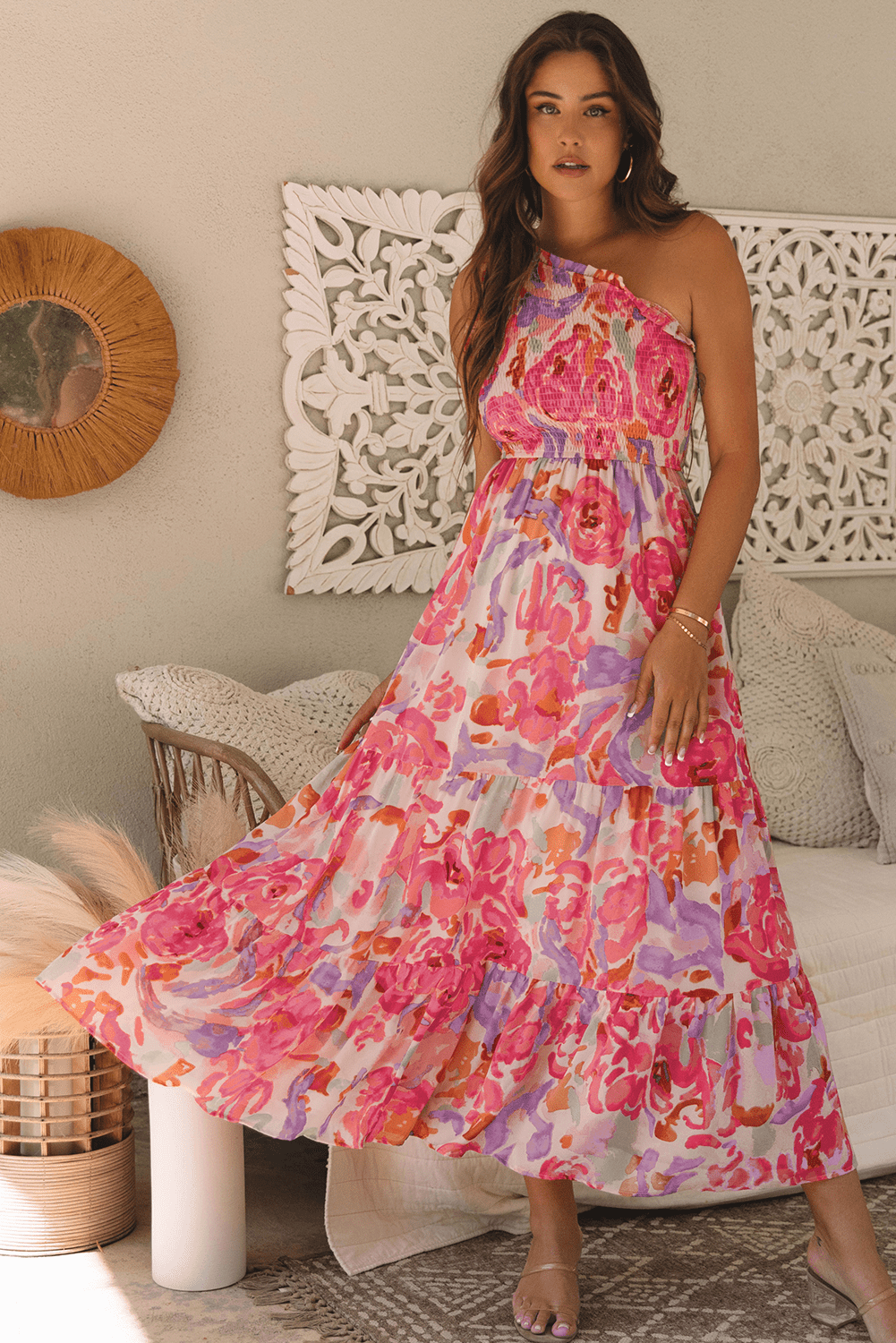 Pink Abstract Floral Print Shirred One Shoulder Maxi Dress - Chaelisa's New Jammies