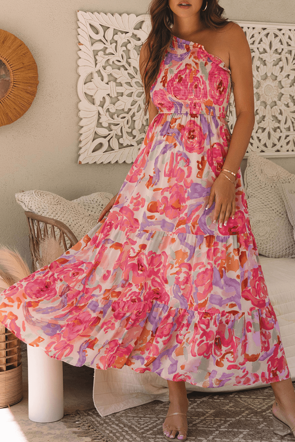 Pink Abstract Floral Print Shirred One Shoulder Maxi Dress - Chaelisa's New Jammies