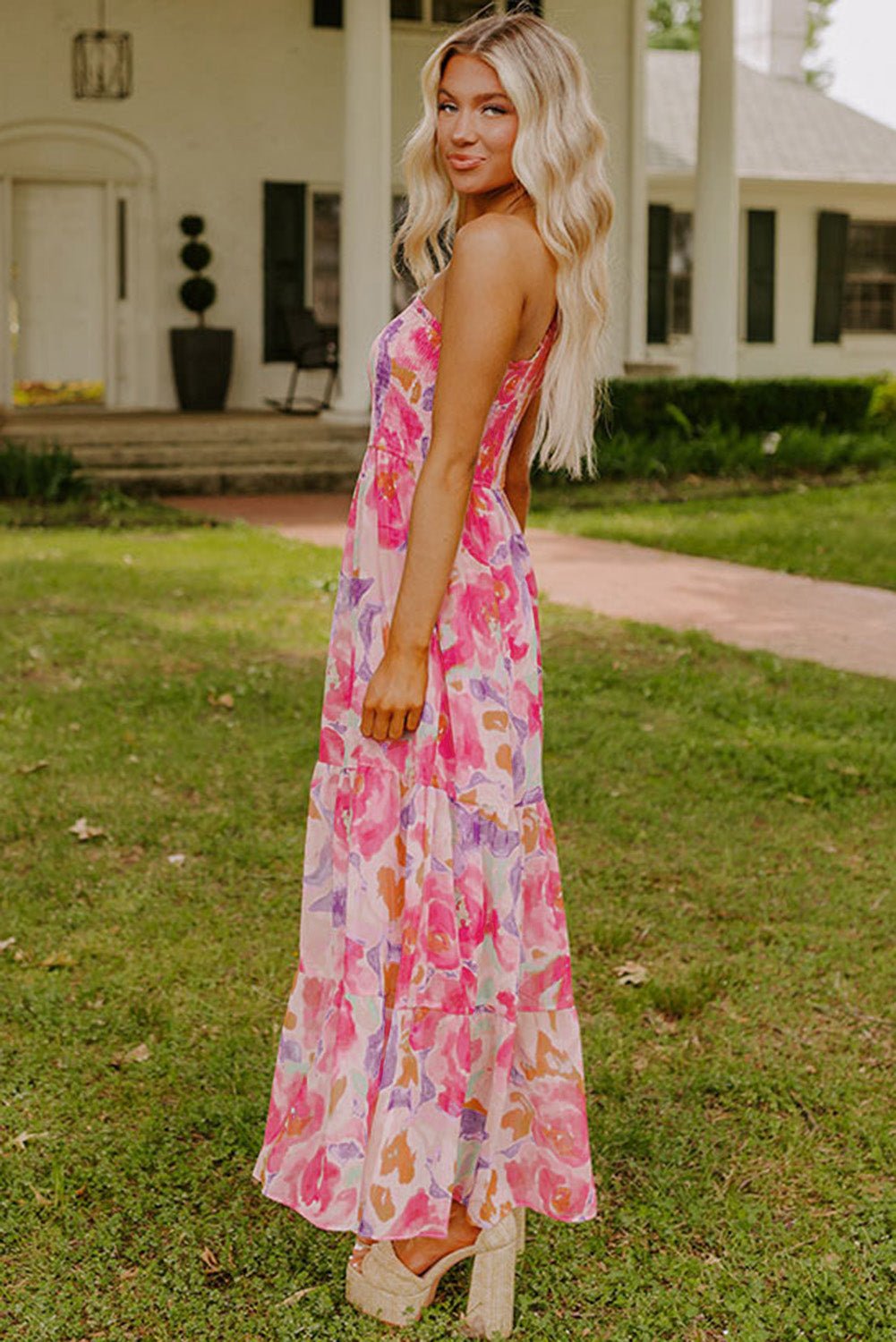 Pink Abstract Floral Print Shirred One Shoulder Maxi Dress - Chaelisa's New Jammies