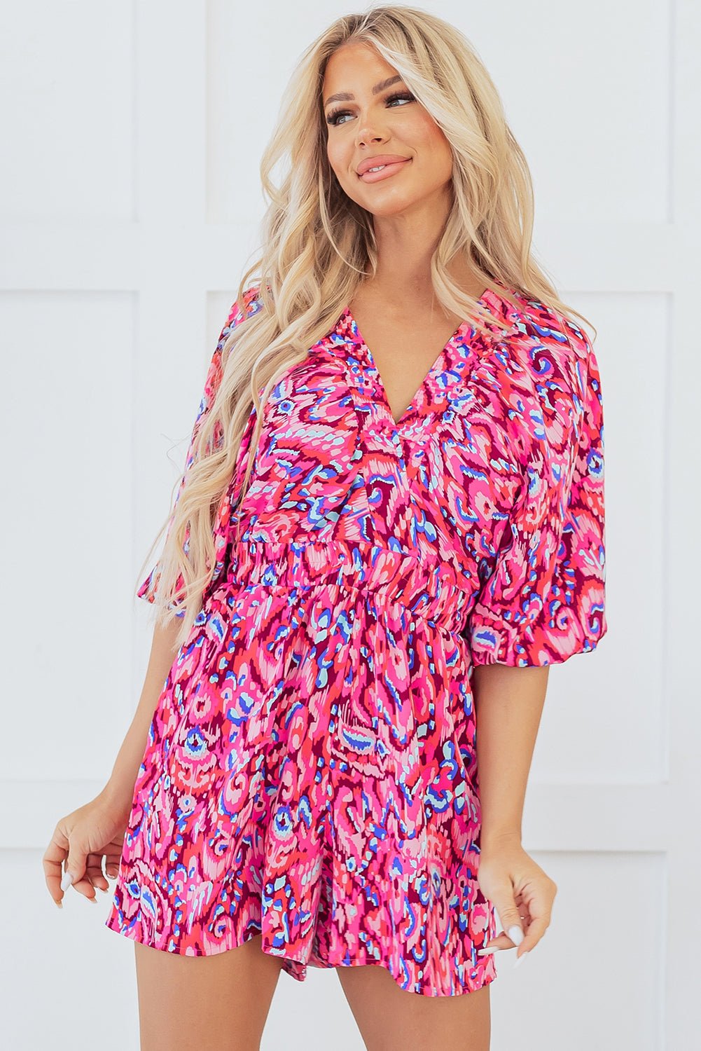Pink Abstract Print Puff Sleeve V Neck High Waist Romper - Chaelisa's New Jammies