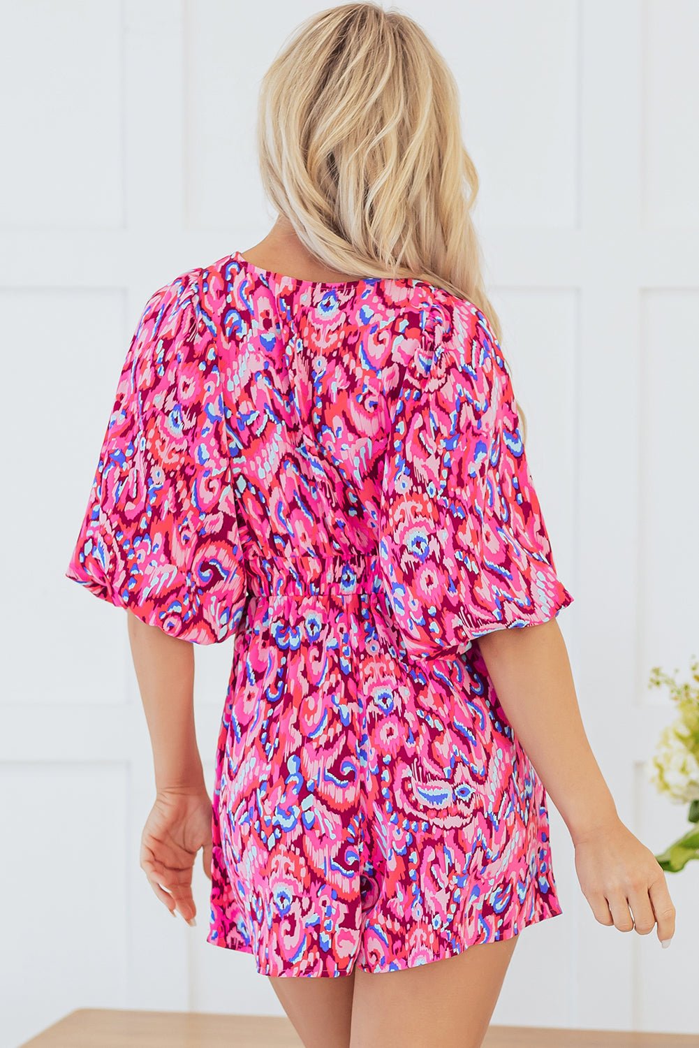 Pink Abstract Print Puff Sleeve V Neck High Waist Romper - Chaelisa's New Jammies