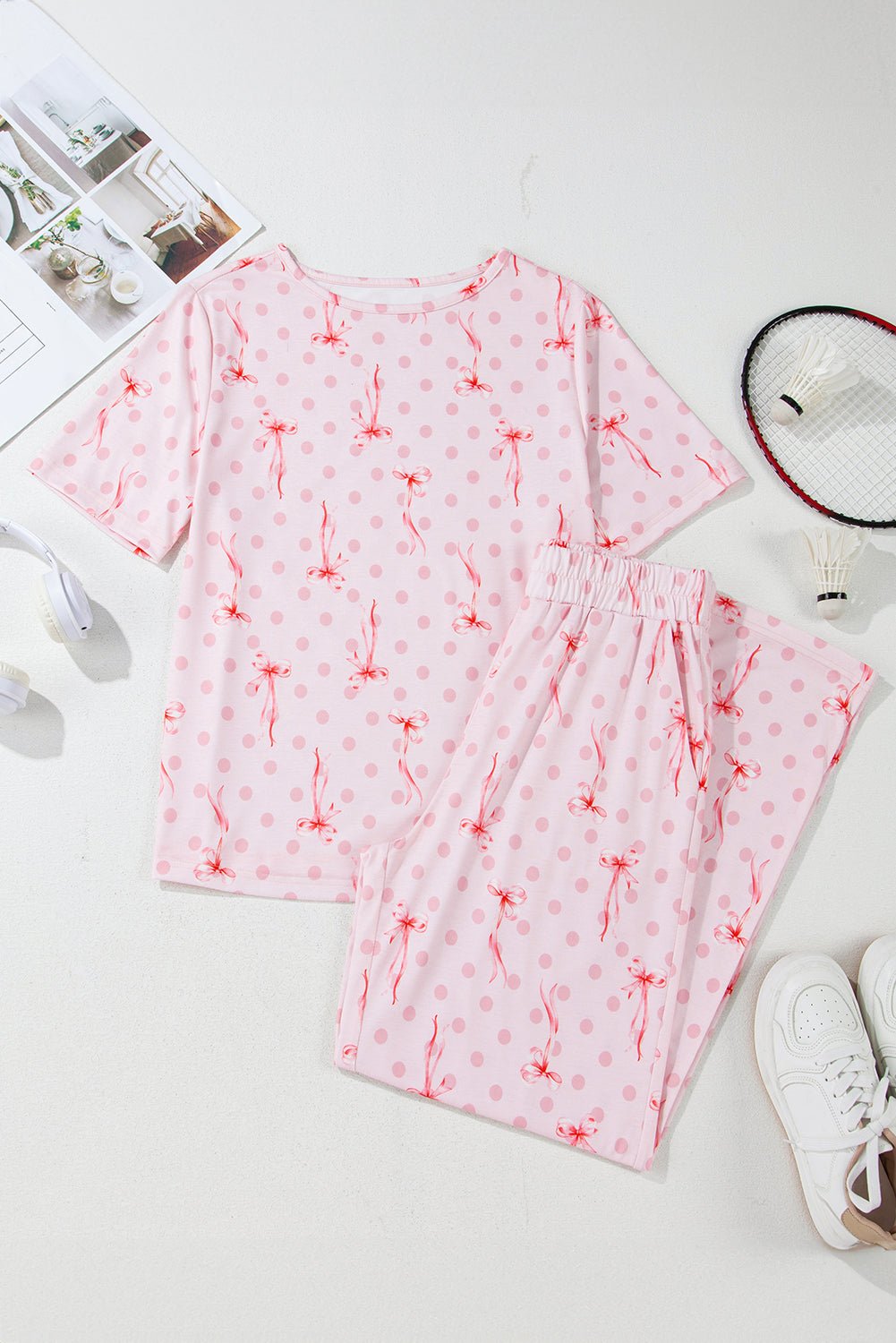 Pink Bow Knot Polka Dot Print Short Sleeve Top Lounge Set - Chaelisa's New Jammies