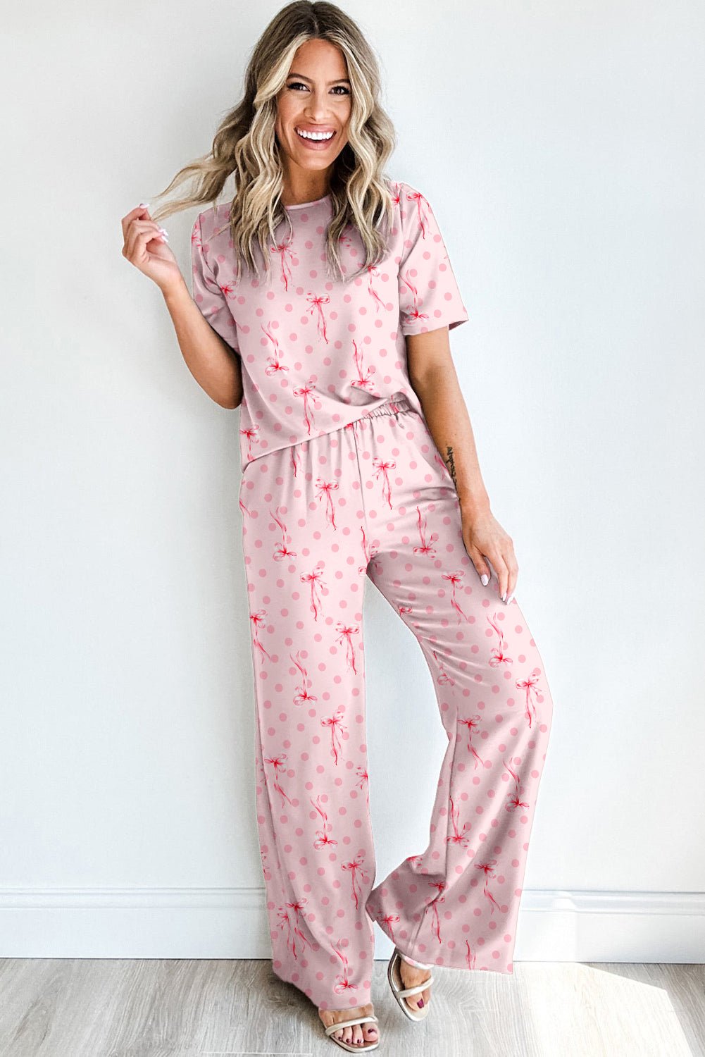 Pink Bow Knot Polka Dot Print Short Sleeve Top Lounge Set - Chaelisa's New Jammies