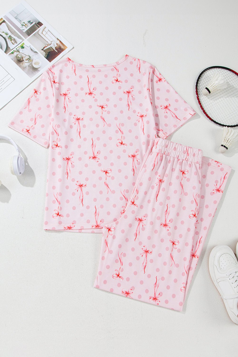 Pink Bow Knot Polka Dot Print Short Sleeve Top Lounge Set - Chaelisa's New Jammies