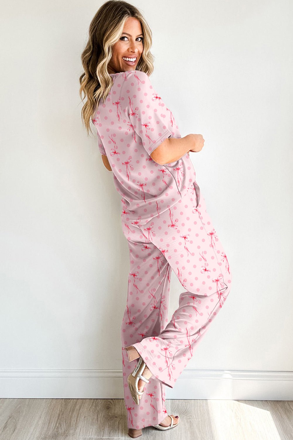 Pink Bow Knot Polka Dot Print Short Sleeve Top Lounge Set - Chaelisa's New Jammies