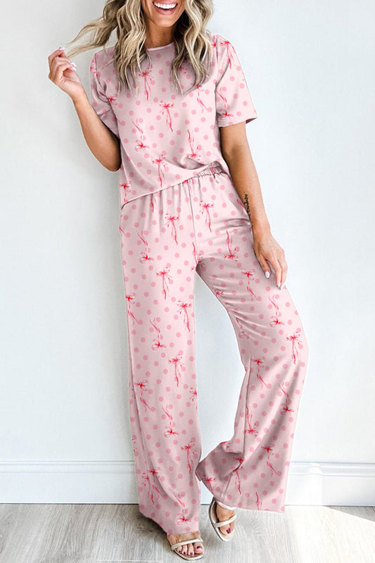 Pink Bow Knot Polka Dot Print Short Sleeve Top Lounge Set - Chaelisa's New Jammies