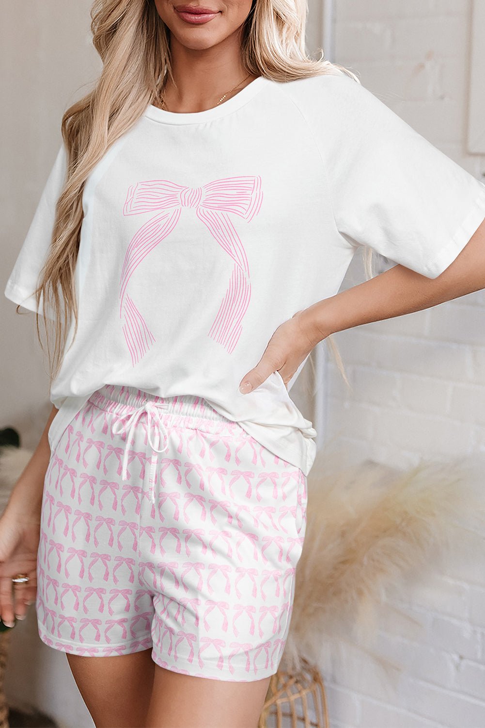 Pink Bow Knot Print Loose Fit Two Piece Casual Lounge Set - Chaelisa's New Jammies
