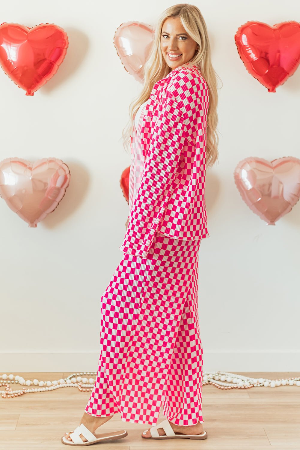 Pink Checkered Buttoned Shirt and High Waist Pants Pajama Set - Chaelisa's New Jammies
