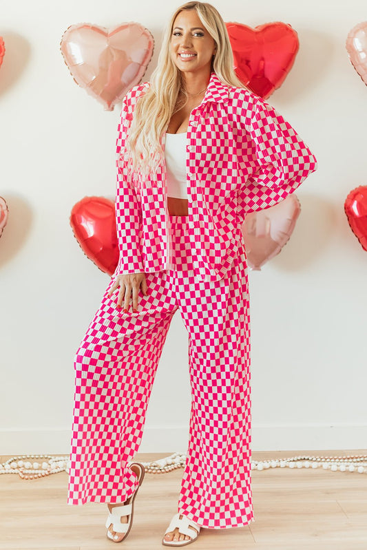 Pink Checkered Buttoned Shirt and High Waist Pants Pajama Set - Chaelisa's New Jammies