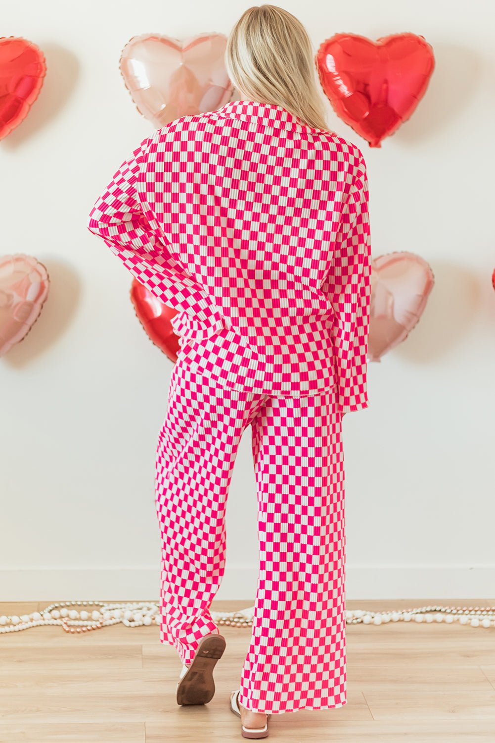 Pink Checkered Buttoned Shirt and High Waist Pants Pajama Set - Chaelisa's New Jammies
