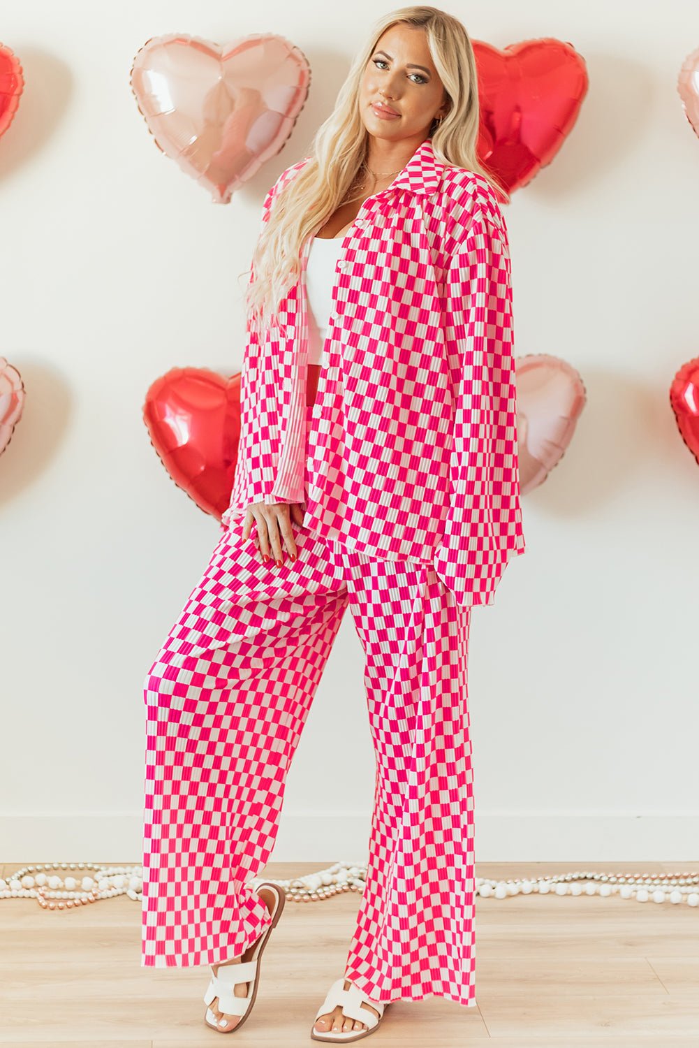 Pink Checkered Buttoned Shirt and High Waist Pants Pajama Set - Chaelisa's New Jammies
