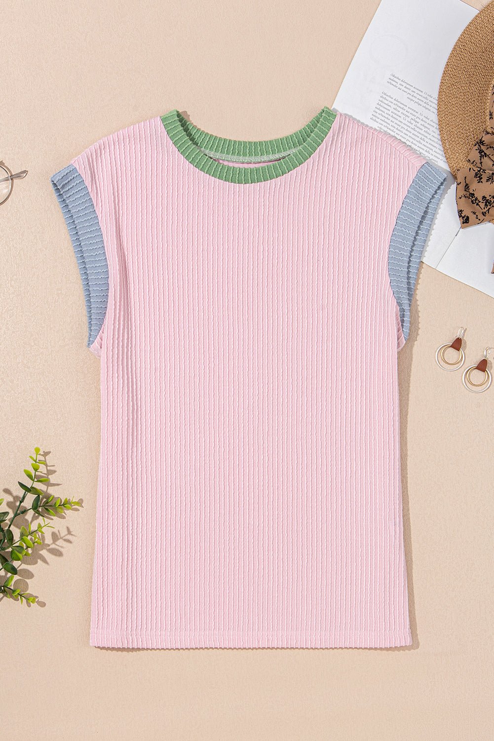 Pink Color Block Corded Knit Crew Neck Tee - Chaelisa's New Jammies