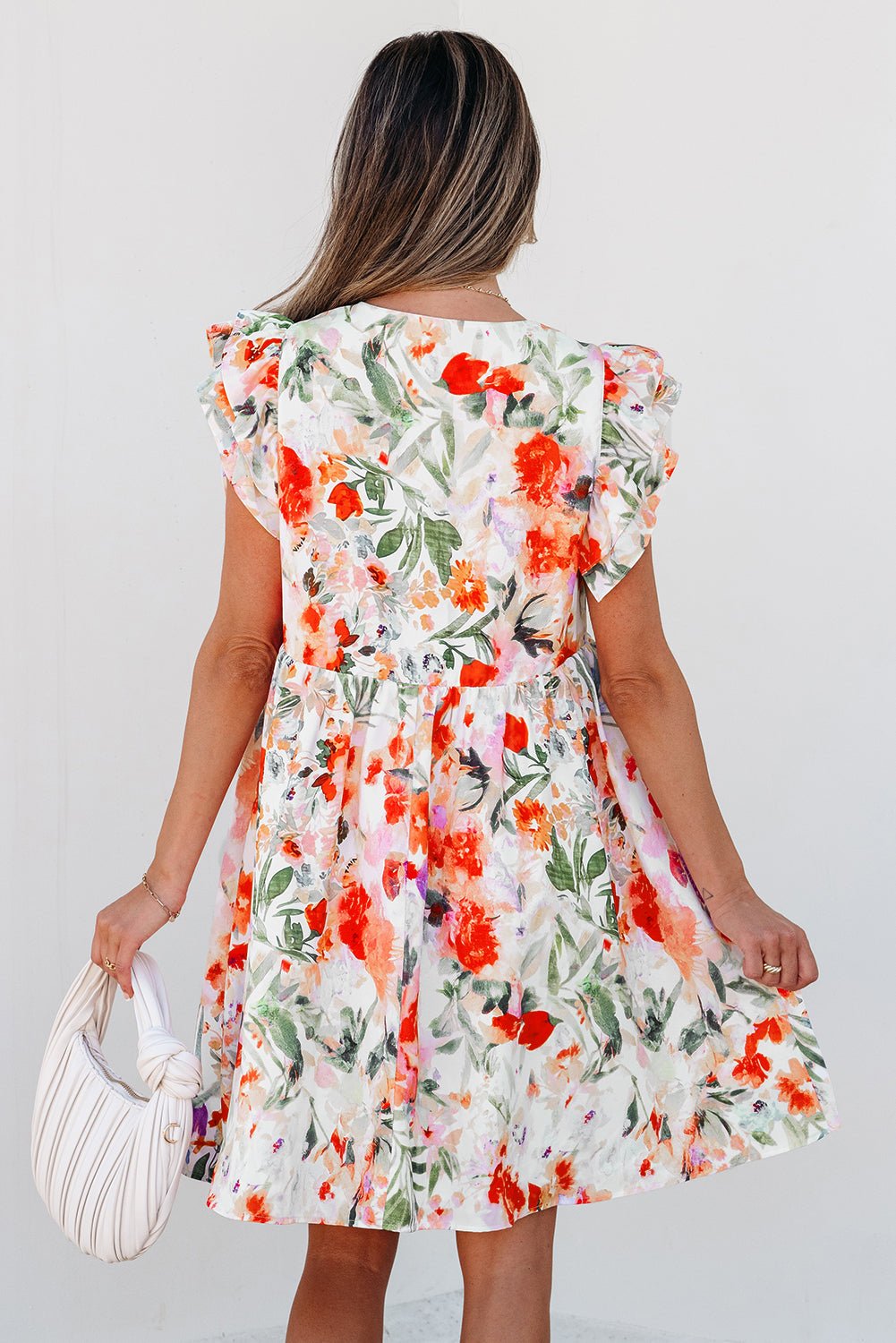 Pink Floral Double Ruffle Sleeve V Neck High Waist Mini Dress - Chaelisa's New Jammies