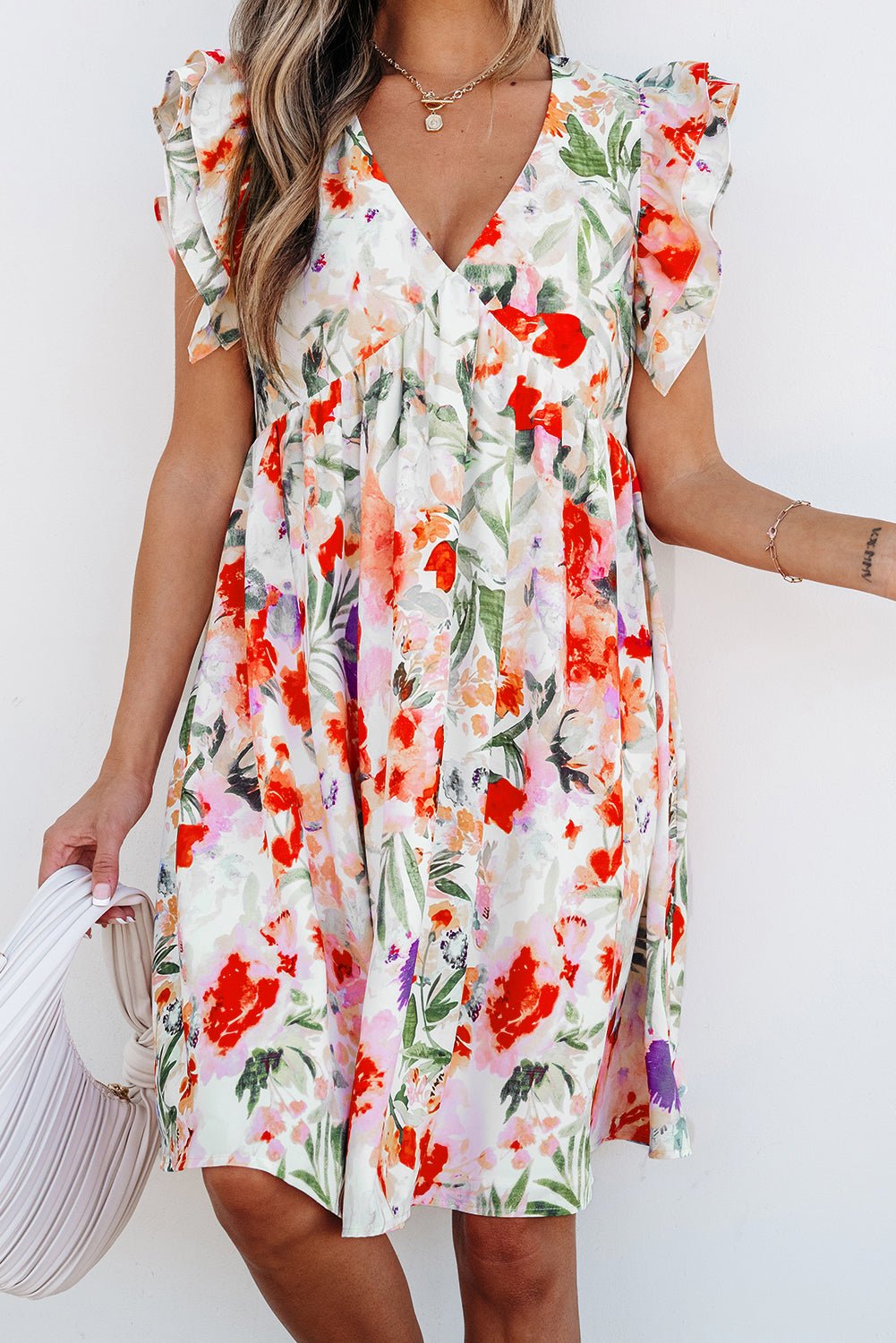 Pink Floral Double Ruffle Sleeve V Neck High Waist Mini Dress - Chaelisa's New Jammies
