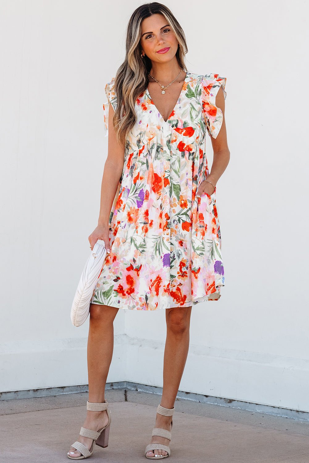 Pink Floral Double Ruffle Sleeve V Neck High Waist Mini Dress - Chaelisa's New Jammies