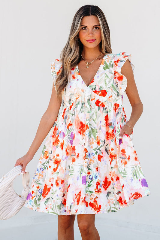 Pink Floral Double Ruffle Sleeve V Neck High Waist Mini Dress - Chaelisa's New Jammies