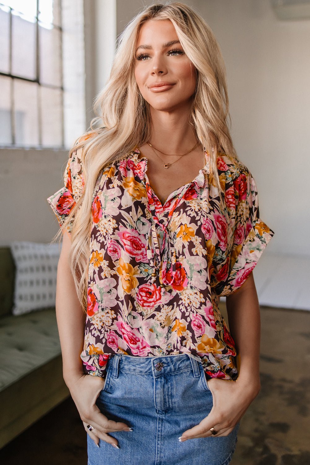 Pink Floral Print Crew Neck Short Sleeve Shift Blouse - Chaelisa's New Jammies