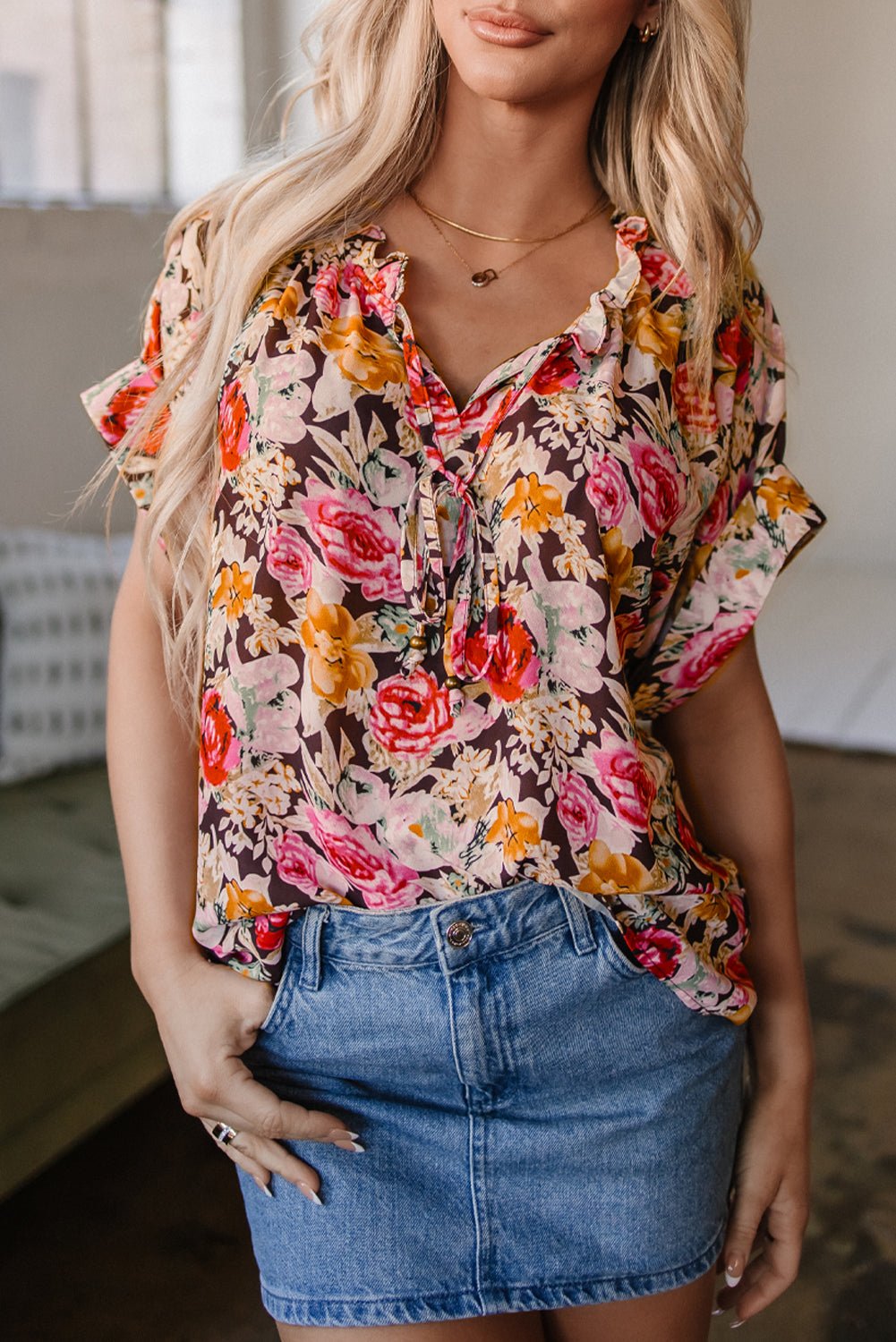 Pink Floral Print Crew Neck Short Sleeve Shift Blouse - Chaelisa's New Jammies
