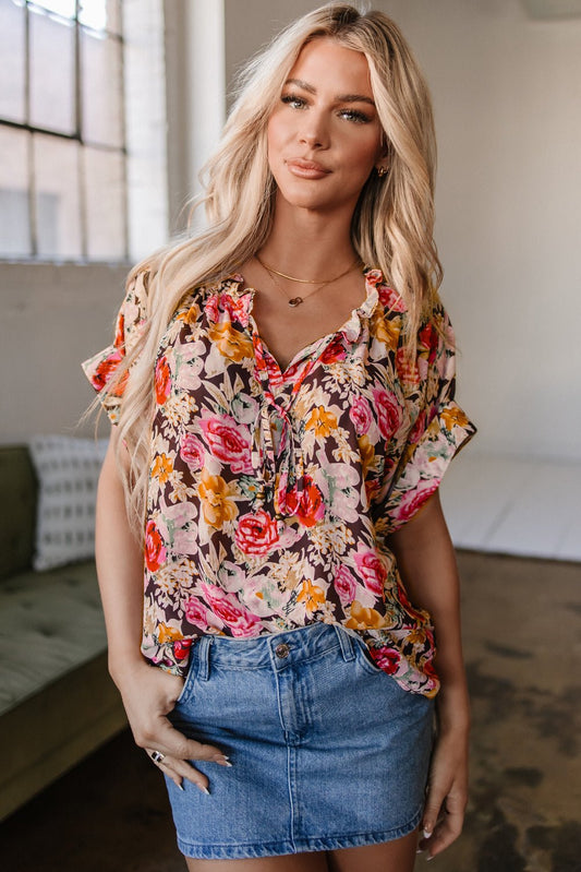 Pink Floral Print Crew Neck Short Sleeve Shift Blouse - Chaelisa's New Jammies