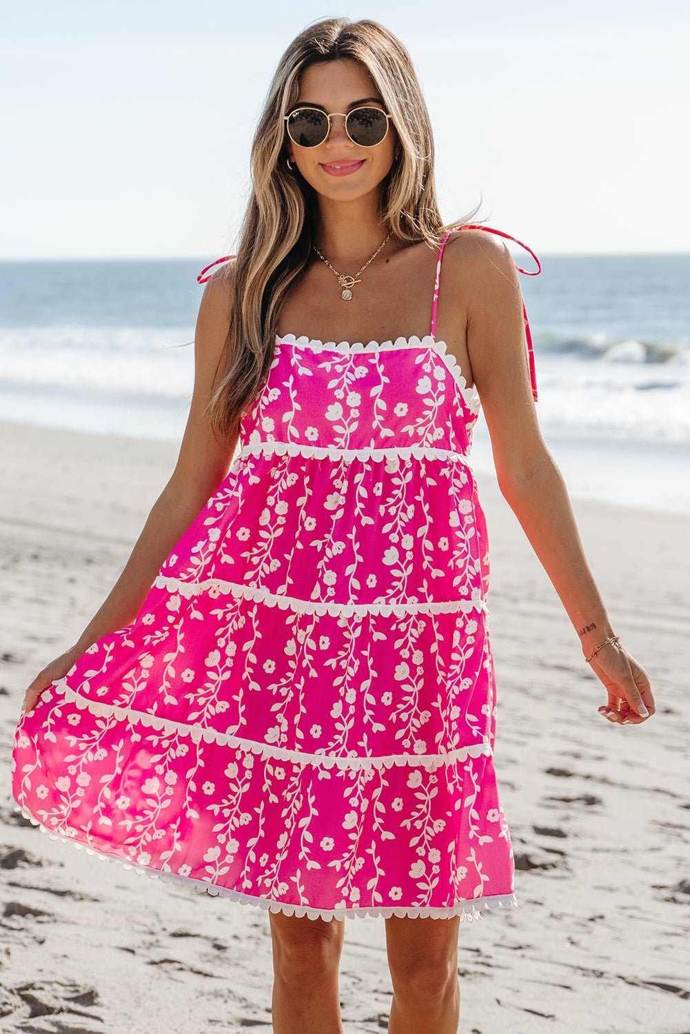 Pink Floral Print Ric Rac Patched Sleeveless Mini Dress - Chaelisa's New Jammies