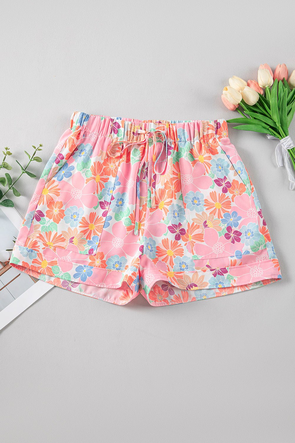 Pink Floral Print Side Pockets Drawstring Casual Shorts - Chaelisa's New Jammies