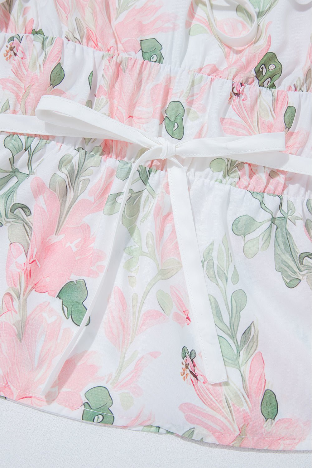 Pink Floral Puff Sleeve V Neck Tied Front Peplum Blouse - Chaelisa's New Jammies