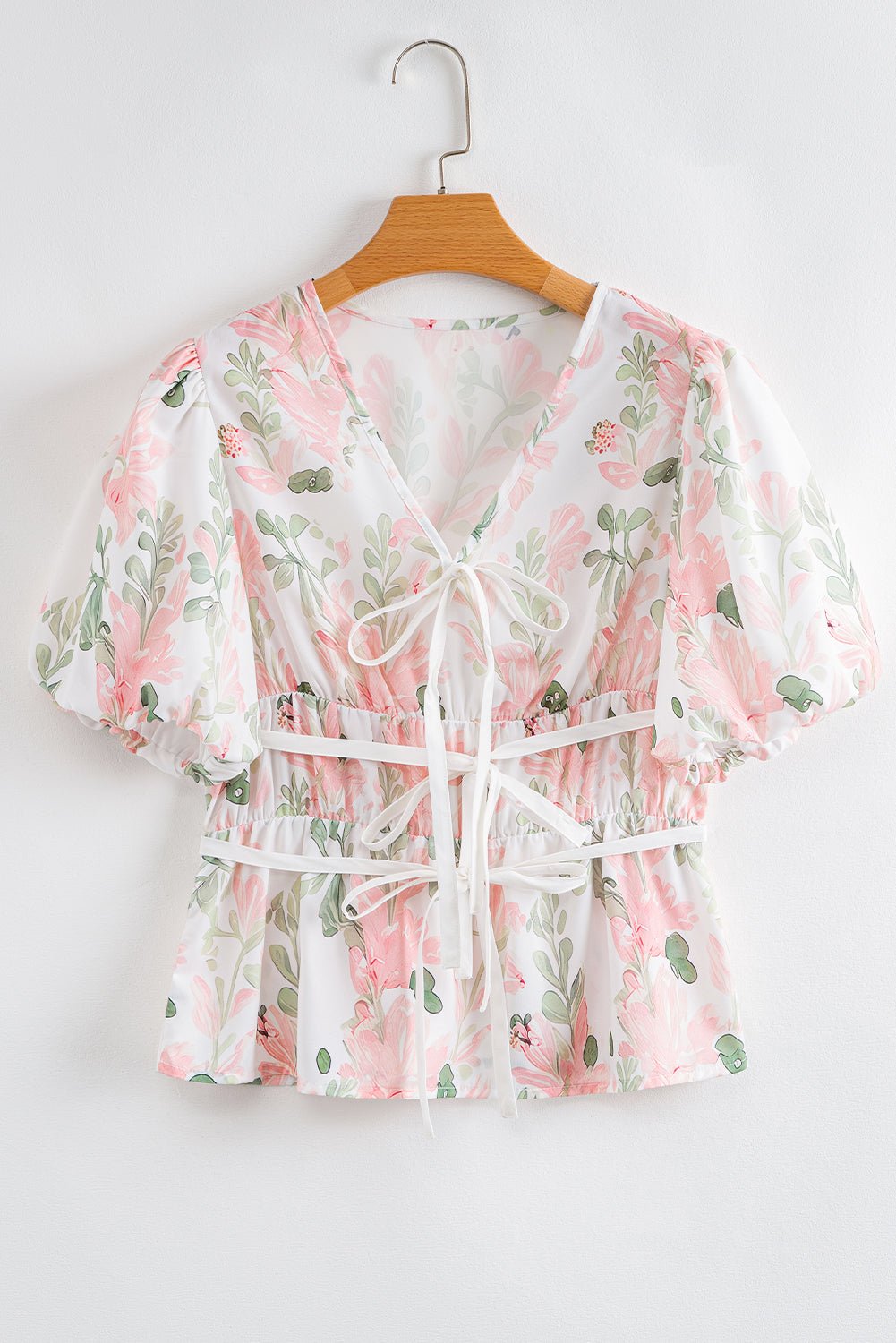 Pink Floral Puff Sleeve V Neck Tied Front Peplum Blouse - Chaelisa's New Jammies