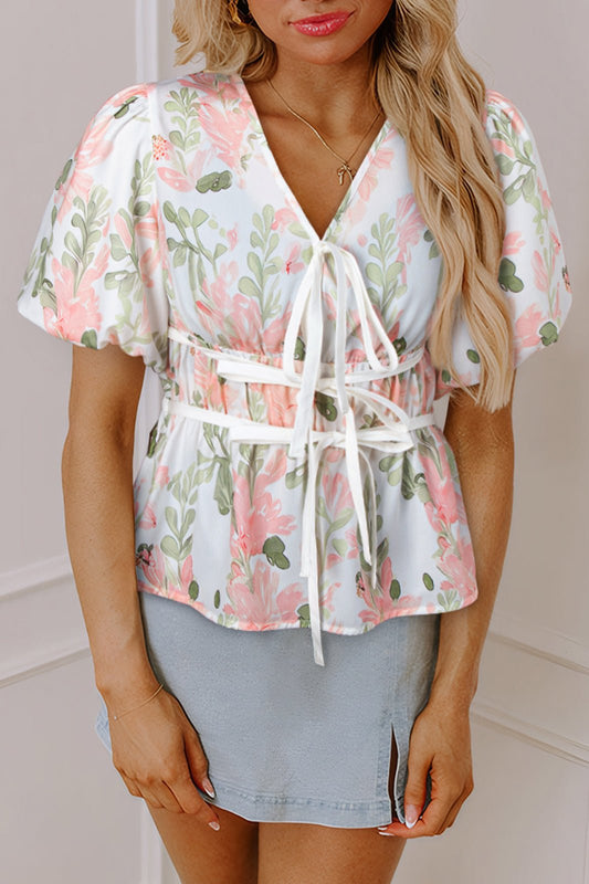 Pink Floral Puff Sleeve V Neck Tied Front Peplum Blouse - Chaelisa's New Jammies