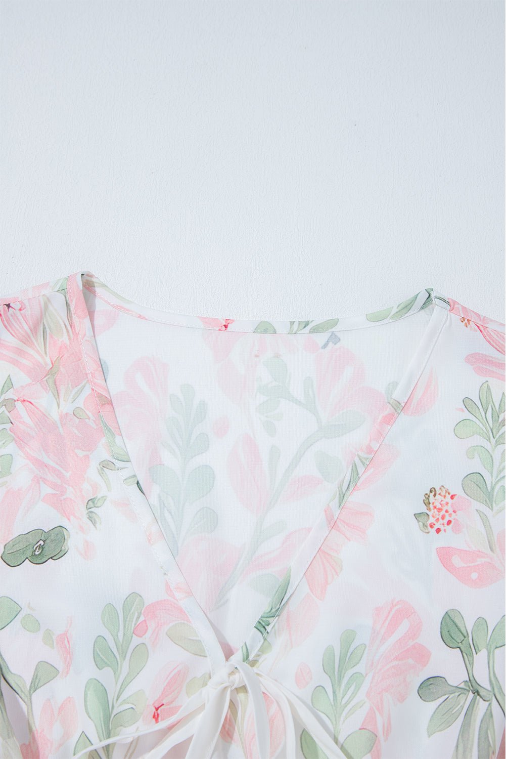 Pink Floral Puff Sleeve V Neck Tied Front Peplum Blouse - Chaelisa's New Jammies
