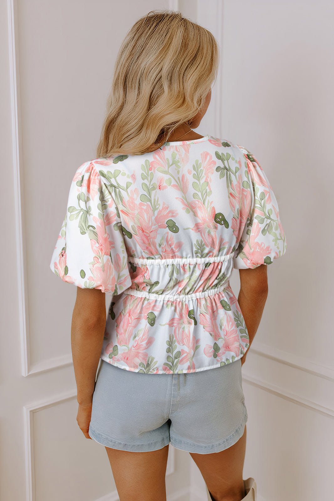 Pink Floral Puff Sleeve V Neck Tied Front Peplum Blouse - Chaelisa's New Jammies