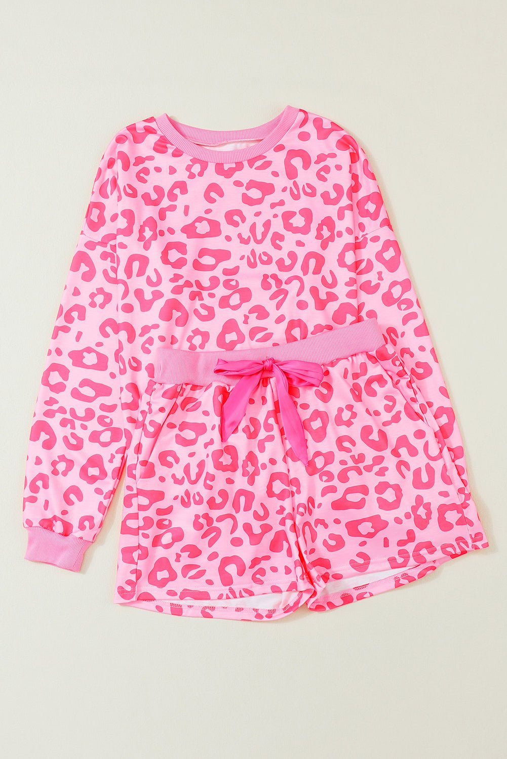 Pink Leopard Long Sleeve Satin Tie Shorts Two Piece Set - Chaelisa's New Jammies