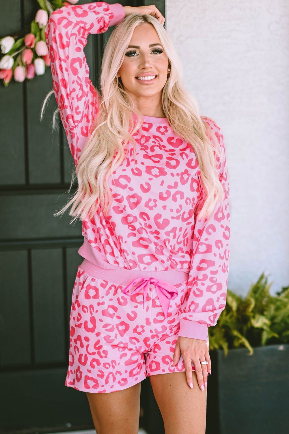Pink Leopard Long Sleeve Satin Tie Shorts Two Piece Set - Chaelisa's New Jammies
