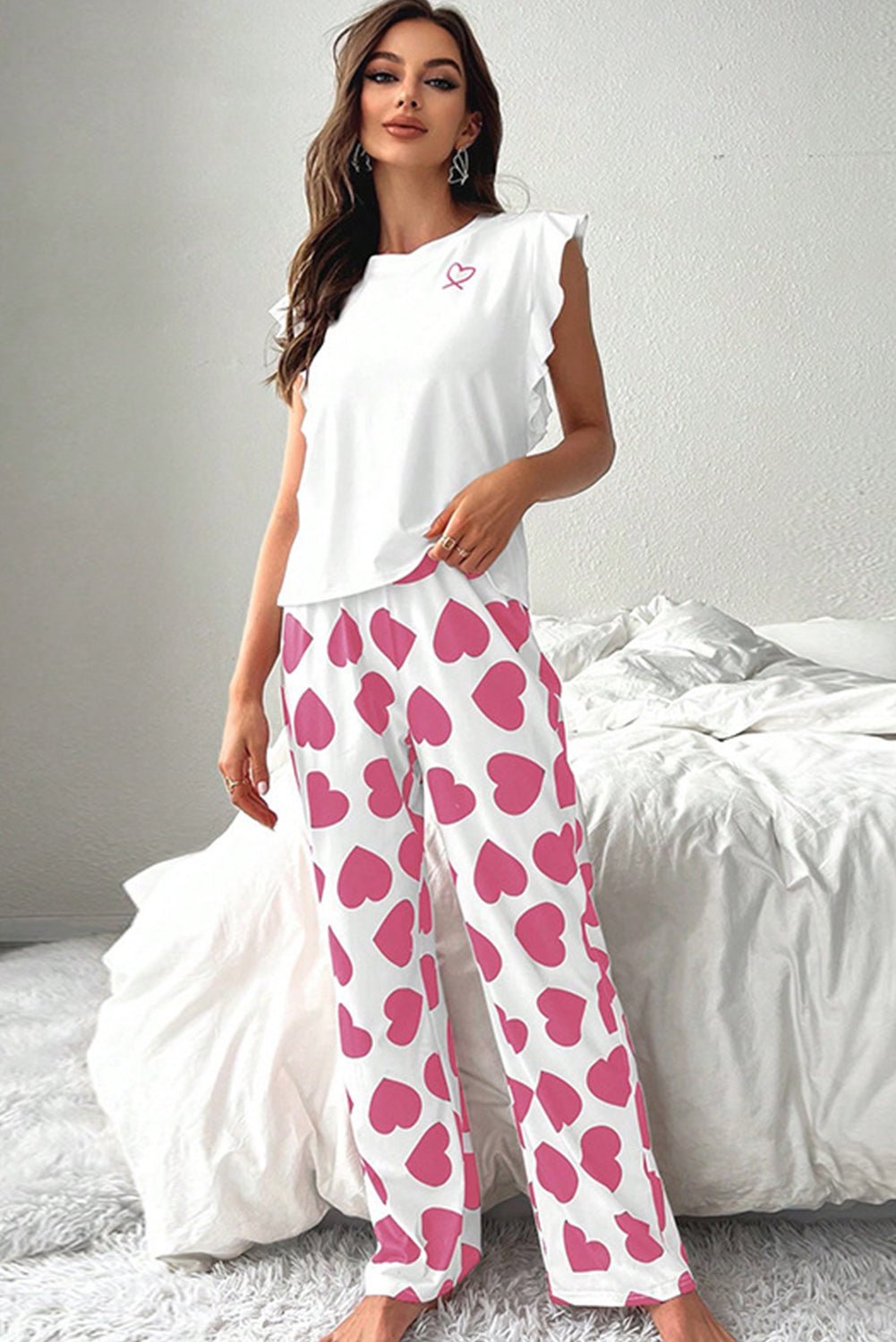 Pink Ruffled Tank Top And Heart Print Pants Lounge Set - Chaelisa's New Jammies