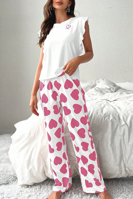 Pink Ruffled Tank Top And Heart Print Pants Lounge Set - Chaelisa's New Jammies