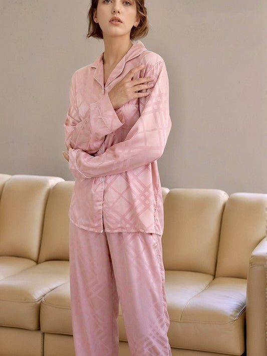 Pink Squared Button Front Long Sleeves Pajama Set - Chaelisa's New Jammies