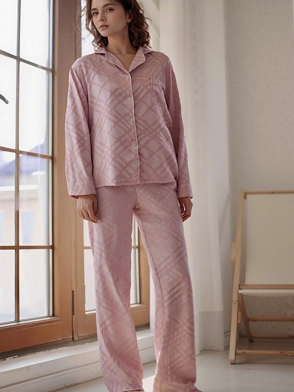 Pink Squared Button Front Long Sleeves Pajama Set - Chaelisa's New Jammies