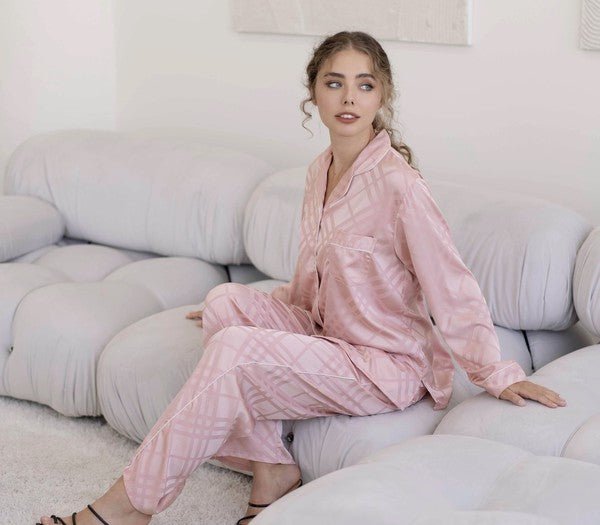 Pink Squared Button Front Long Sleeves Pajama Set - Chaelisa's New Jammies