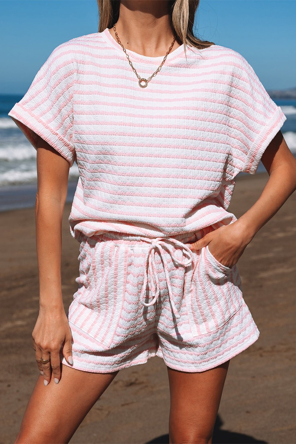 Pink Stripe Knitted Short Sleeve Top and Drawstring Shorts Set - Chaelisa's New Jammies