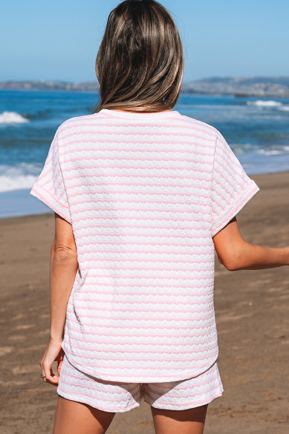 Pink Stripe Knitted Short Sleeve Top and Drawstring Shorts Set - Chaelisa's New Jammies